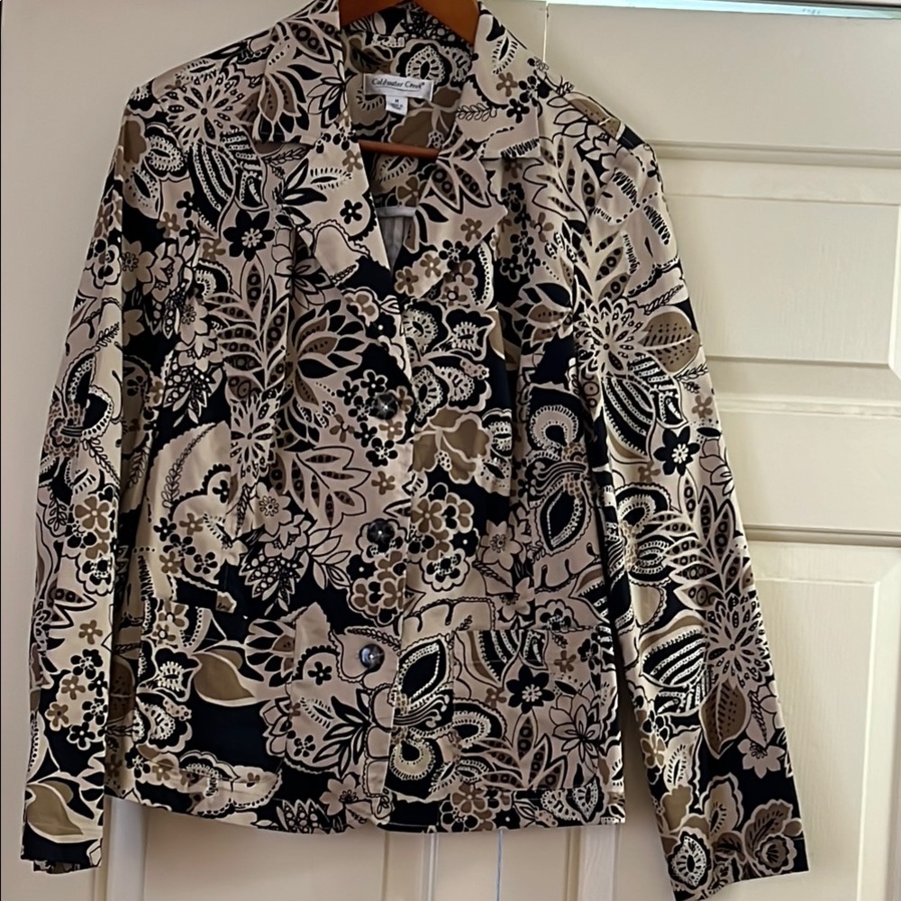 Coldwater Creek Black and Tan Floral Blazer 98% Cotton With Pockets & 3 Buttons